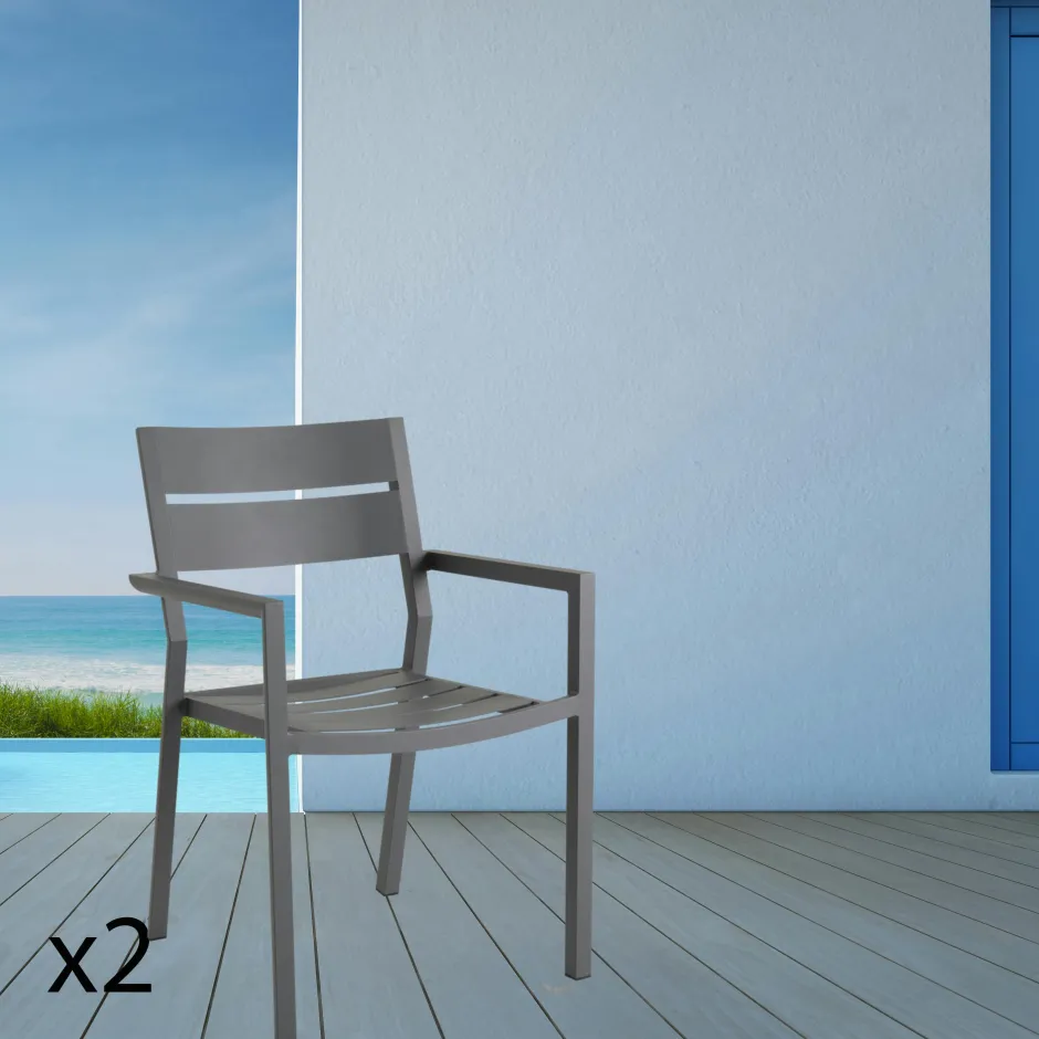 STOCKHOLM Chaises De Jardin|Meubles En Aluminium Brafab|Chaise de jardin avec accoudoirs en aluminium gris ardoise (lot de 2)