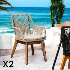 GRENADE Chaises De Jardin|Chaise de jardin beige en corde tressée et pieds bois FSC® (lot de 2)