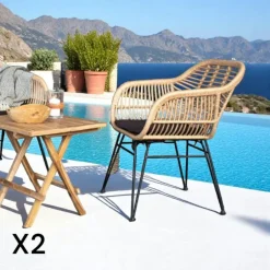 IBIZA Chaises De Jardin|Meubles De Cuisine·Chaises|Chaise de jardin noire en rotin synthétique avec accoudoirs et coussin d'assise (lot de 2)