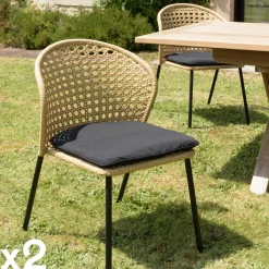 GIJON Chaises De Jardin|Chaise de jardin rotin synthétique couleur naturelle avec coussin noir (lot de 2)