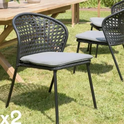 GIJON Chaises De Jardin|Chaise de jardin rotin synthétique couleur naturelle avec coussin noir (lot de 2)