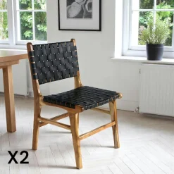 MENDOZA Chaises En Bois|Chaises En Teck|Chaise en bois et cuir tressé noir (lot de 2)