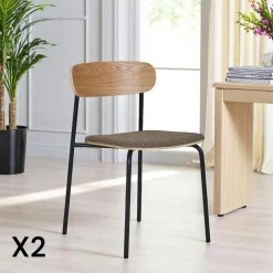 BERLIN Chaises En Bois|Chaises Contemporaines|Chaise en bois style écolier avec assise tissu marron (lot de 2)