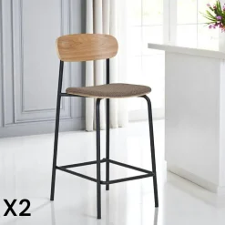BERLIN Chaises En Bois|Chaises Contemporaines|Chaise en bois style écolier avec assise tissu marron (lot de 2)