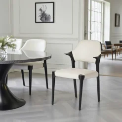 Meubles De Cuisine·Chaises|Chaises En Bois|Chaise en cuir gris clair design, accoudoirs bois noir ALDER