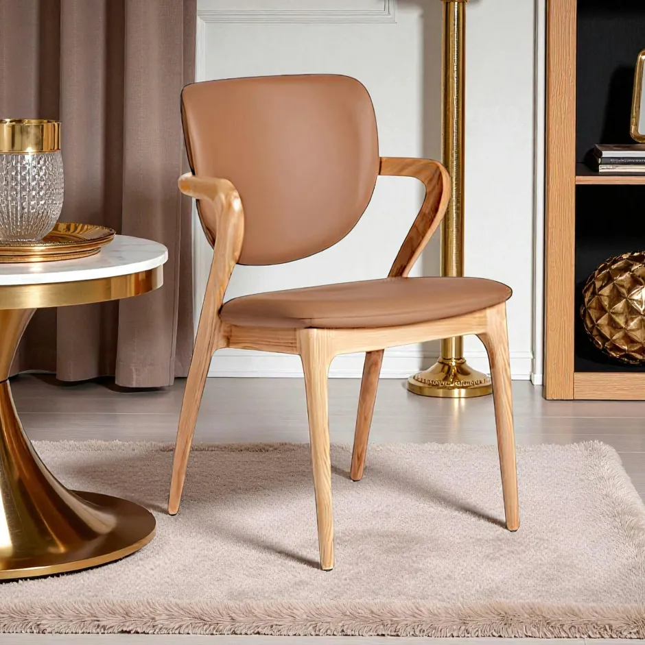 Meubles De Cuisine·Chaises|Chaises En Bois|Chaise en cuir marron, accoudoirs bois clair ALDER