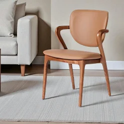 Meubles De Cuisine·Chaises|Chaises En Bois|Chaise en cuir marron, accoudoirs bois brun ALDER