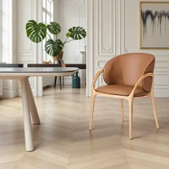 Meubles De Cuisine·Chaises|Chaises En Bois|Chaise en cuir marron dos rond accoudoirs bois clair ALDER