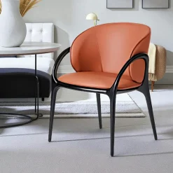 Meubles De Cuisine·Chaises|Chaises En Bois|Chaise en cuir terracotta dos rond accoudoirs bois brun ALDER