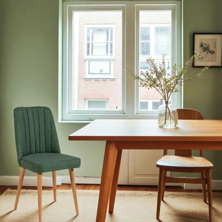 ROSARIO Chaises En Bois|Chaises Capitonnées|Chaise en lin vert - dossier rainuré et pieds bois