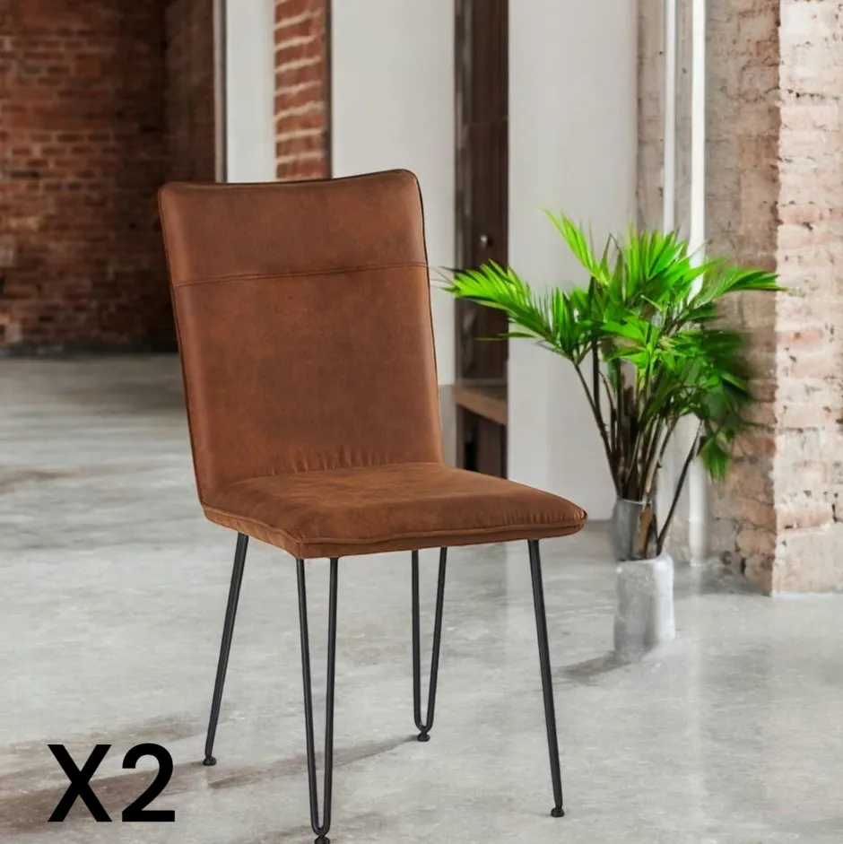 KERALA Chaises Scandinaves|Chaises Capitonnées|Chaise en tissu marron havane et pieds métal en épingle (lot de 2)