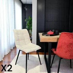 PALERME Meubles De Cuisine·Chaises|Chaises Velours|Chaise en velours écru motif damier (lot de 2)