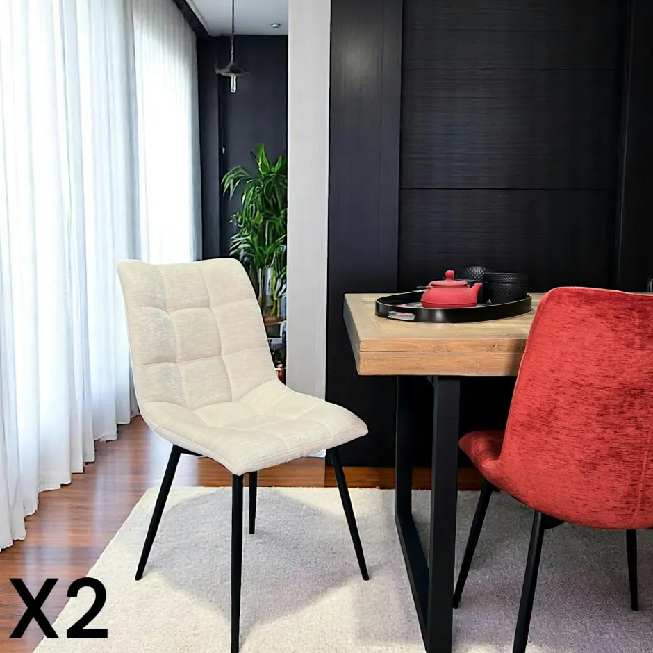 PALERME Meubles De Cuisine·Chaises|Chaises Velours|Chaise en velours écru motif damier (lot de 2)