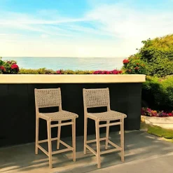 SUMMER Tabourets De Bar De Jardin|Chaise haute de jardin teck et assise tressée (lot de 2)