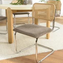 LOANO Chaises En Rotin|Chaises Contemporaines|Chaise métal chromé assise velours taupe dossier rotin (lot de 2)