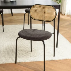 LOANO Chaises En Rotin|Chaises Contemporaines|Chaise métal dossier cannage ovale assise velours noir (lot de 2)