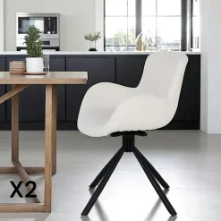 SAVONE Chaises Contemporaines|Meubles De Cuisine·Chaises|Chaise pivotante blanche en tissu bouclette, dossier ouvert (lot de 2)