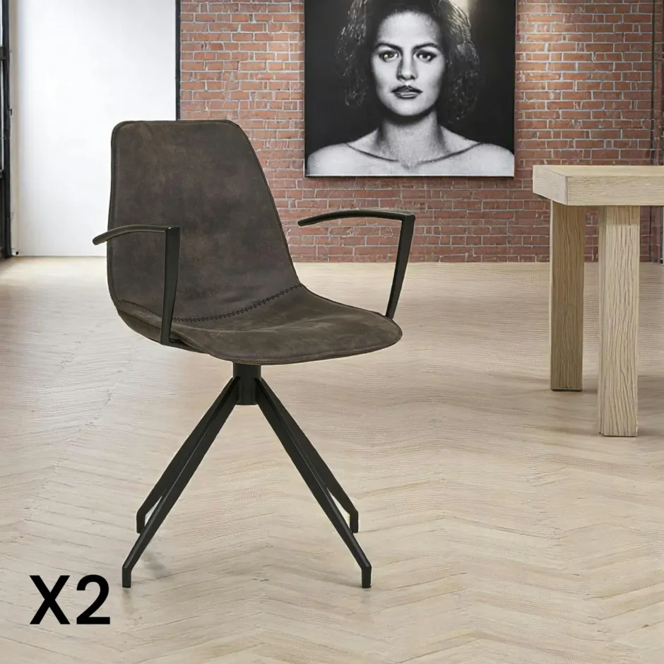 AMSTERDAM Meubles De Cuisine·Chaises|Chaise pivotante marron avec accoudoirs et motif couture (lot de 2)