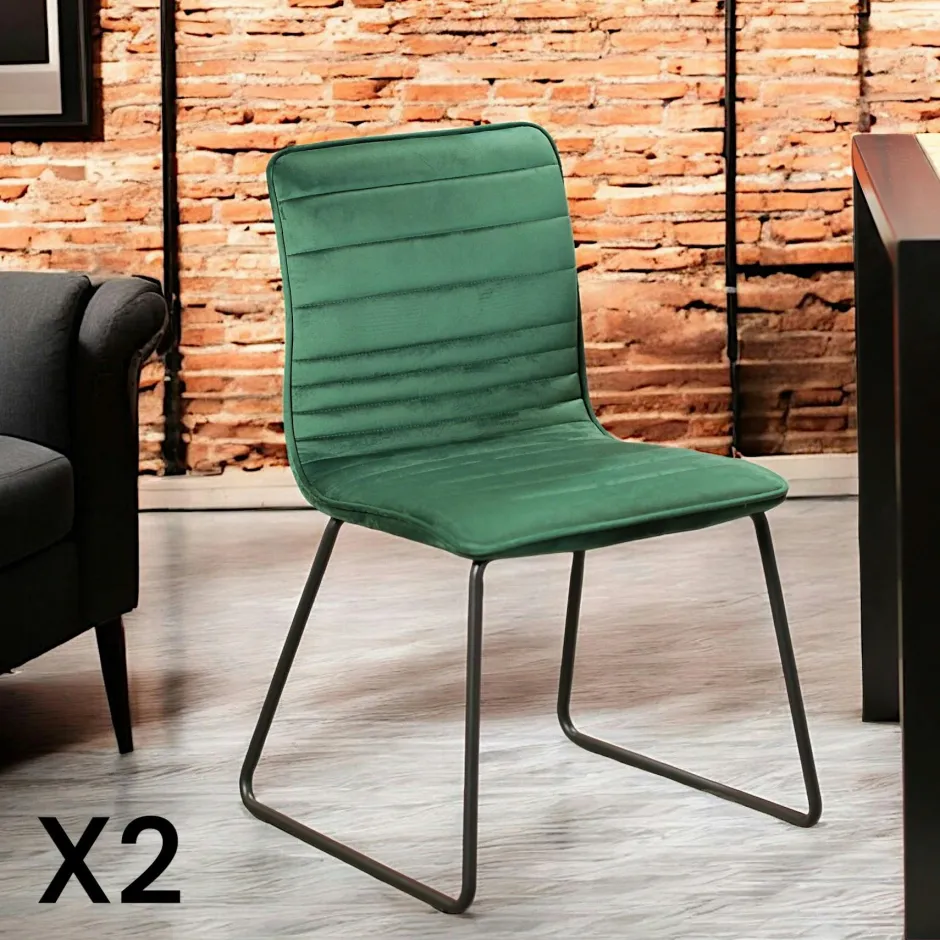 BURGOS Chaises Capitonnées|Chaises Velours|Chaise vert foncé motif ligne (lot de 2)
