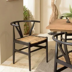 Swing Chaises En Bois|Meubles De Cuisine·Chaises|Chaise vintage bois noir recyclé et cannage chanvre tressé