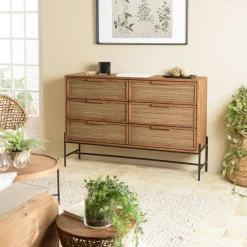 Swing Commodes En Bois|Commode 6 tiroirs en bois recyclé et tressage coco