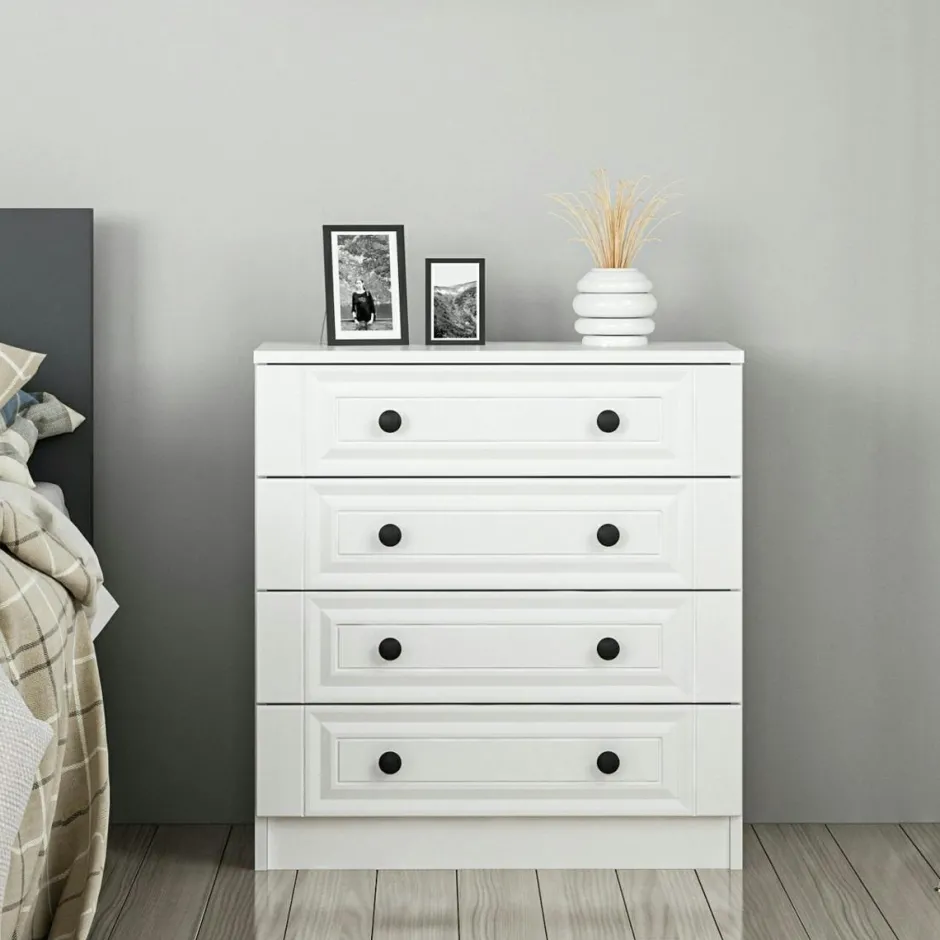 MARFA Commodes Blanches|Commodes En Bois|Commode blanche classique 4 tiroirs, boutons noirs