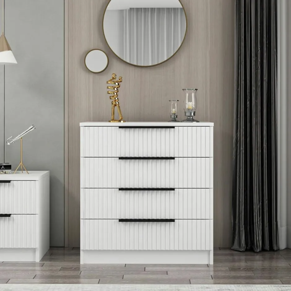 BYRON Commodes Blanches|Commodes En Bois|Commode blanche moderne 4 tiroirs, façade rainurée