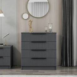 BYRON Commodes Blanches|Commodes En Bois|Commode blanche moderne 4 tiroirs, façade rainurée