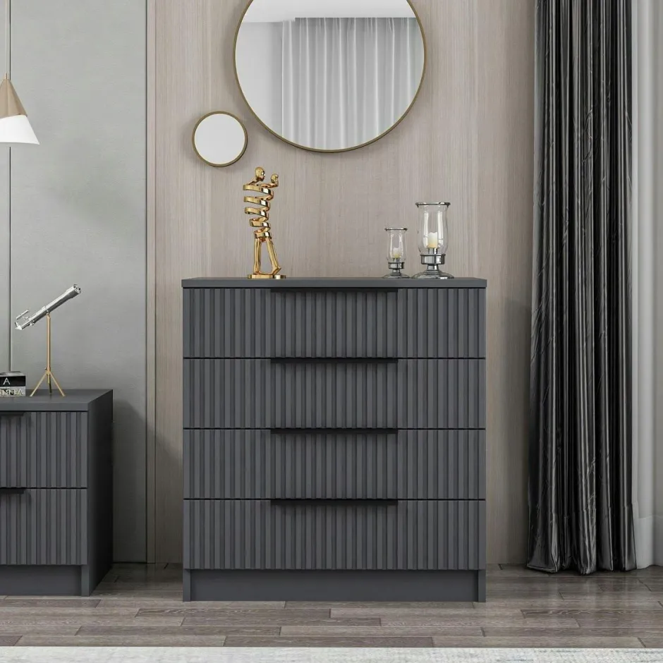 BYRON Commodes Blanches|Commodes En Bois|Commode blanche moderne 4 tiroirs, façade rainurée