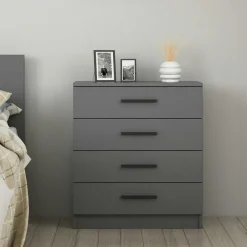 MARFA Commodes Blanches|Commodes En Bois|Commode blanche moderne 4 tiroirs, poignées noires