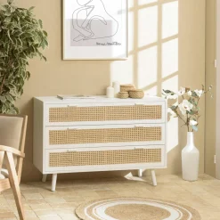 CALVIA Commodes Scandinaves|Commodes Blanches|Commode bois blanc et cannage naturel 3 tiroirs