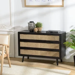 PALMA 2 Commodes Scandinaves|Commodes En Bois|Commode bois noir et rotin 3 tiroirs