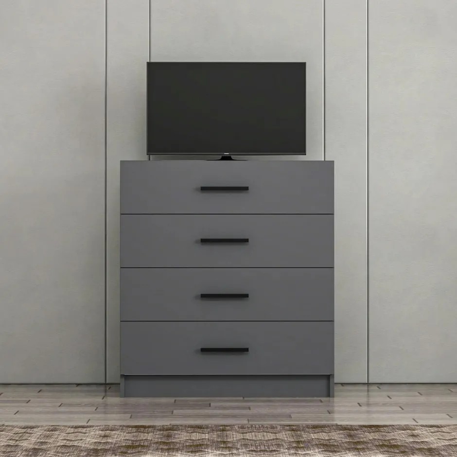 MARFA Commodes En Bois|Commode de chambre grise 4 tiroirs, poignées baguettes