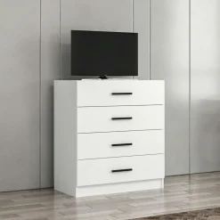 MARFA Commodes En Bois|Commode de chambre grise 4 tiroirs, poignées baguettes