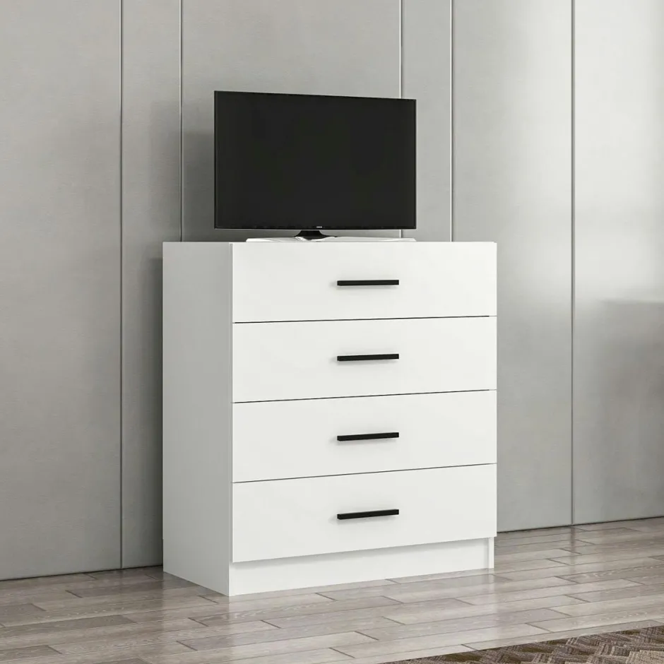 MARFA Commodes En Bois|Commode de chambre grise 4 tiroirs, poignées baguettes