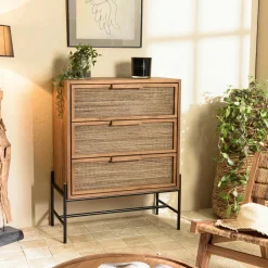 Swing Commodes En Bois|Commode en teck recyclé 3 tiroirs tressage coco
