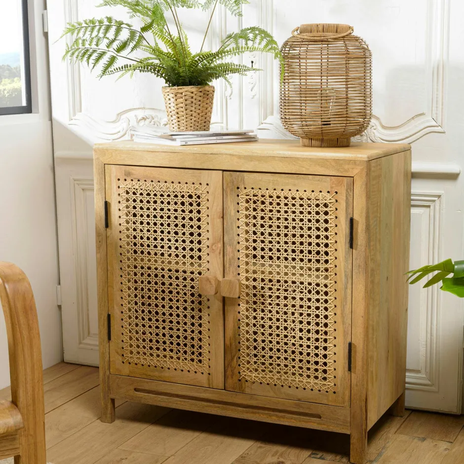 Swing Commodes En Bois|Commode en teck recyclé 3 tiroirs tressage coco