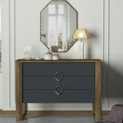 MARFA Commodes En Bois|Commode grise moderne 3 tiroirs, miroir assorti