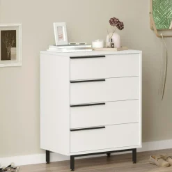 JENA Commodes Blanches|Commodes En Bois|Commode haute blanche à détails noirs, 4 tiroirs