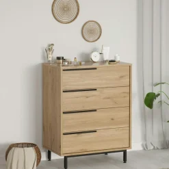 JENA Commodes Blanches|Commodes En Bois|Commode haute blanche à détails noirs, 4 tiroirs