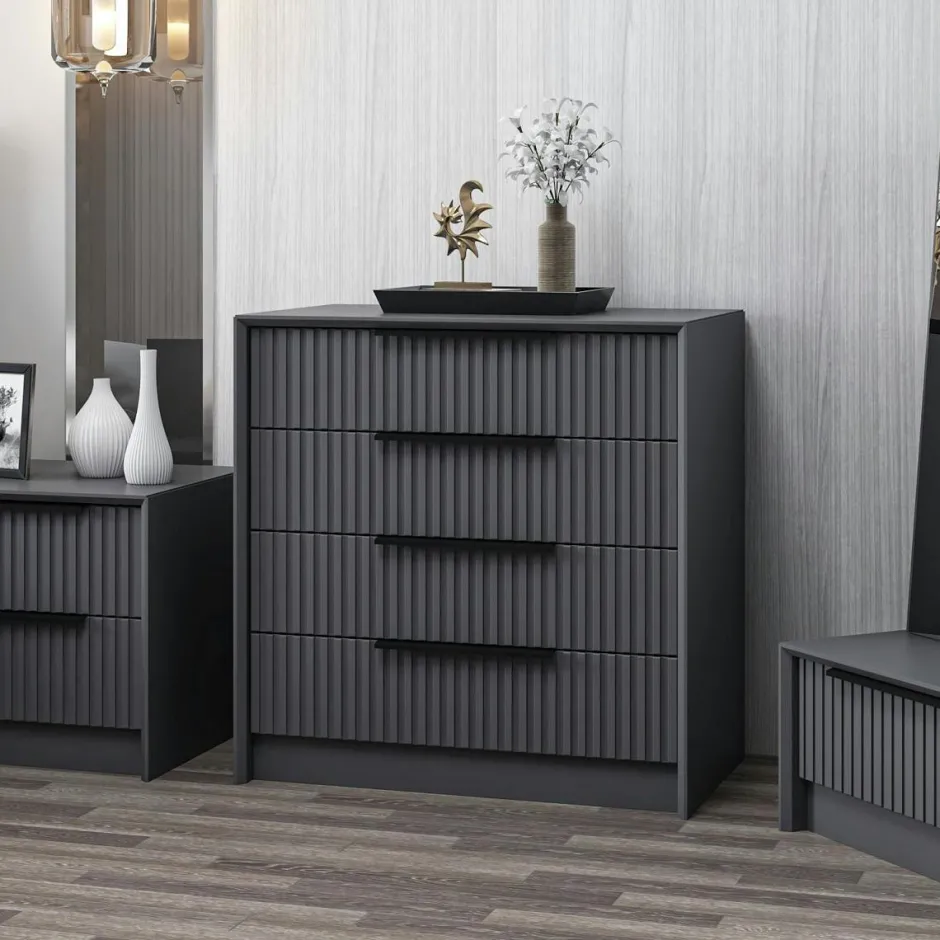 BYRON Commodes En Bois|Commode moderne 4 tiroirs grise, façade rainurée