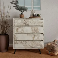 MARFA Commodes Blanches|Commodes En Bois|Commode moderne 4 tiroirs effet marbre, pieds noirs