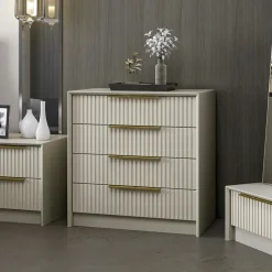 BYRON Commodes Blanches|Commodes En Bois|Commode moderne 4 tiroirs beige, façade rainurée