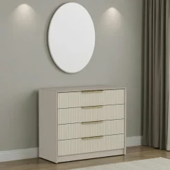 BYRON Commodes En Bois|Commode moderne beige 4 tiroirs, miroir assorti