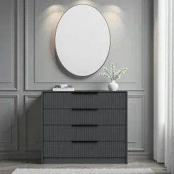 BYRON Commodes En Bois|Commode moderne grise 4 tiroirs, miroir assorti