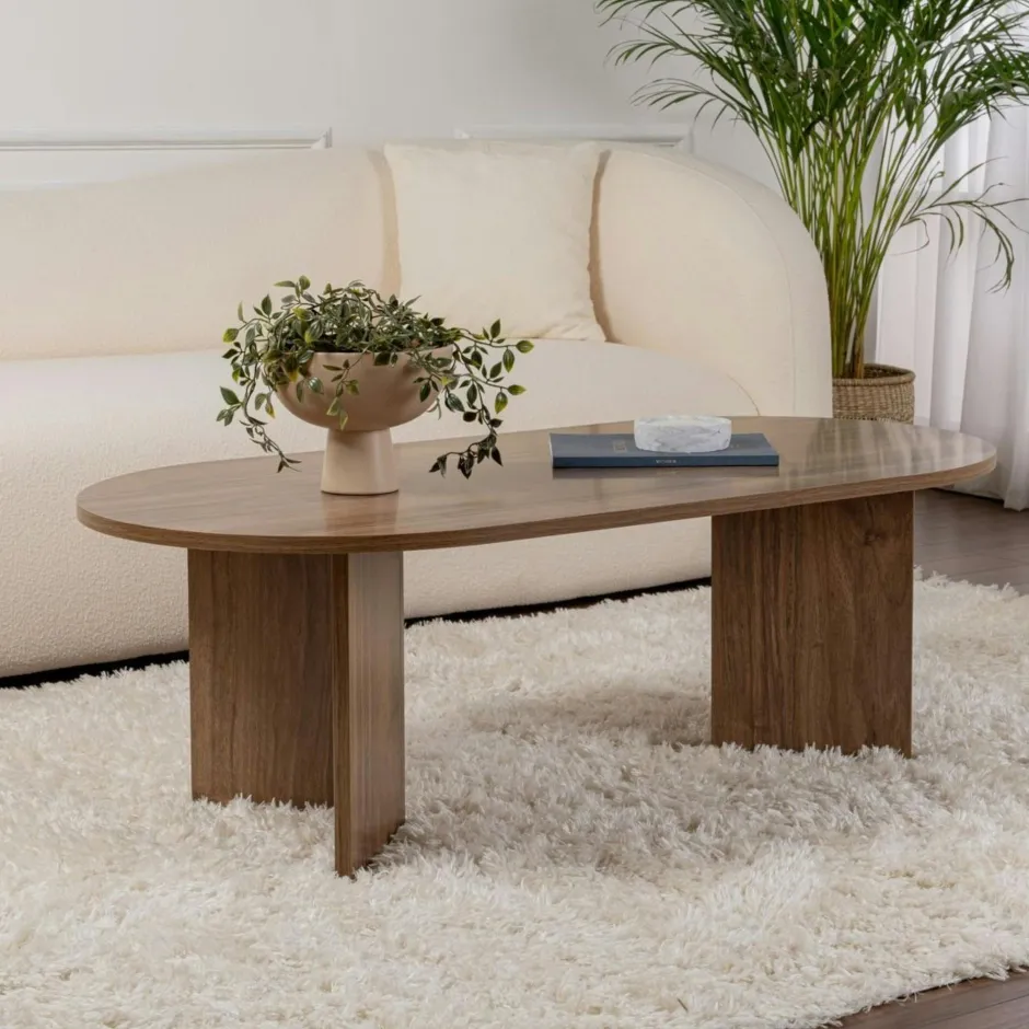 MARFA Consoles En Bois|Consoles En Bois|Console de salon ovale effet noyer foncé - pieds en V