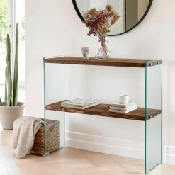 LHASA Consoles En Bois|Consoles En Bois|Console d'entrée minimaliste bois brun et verre