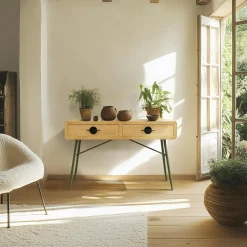 BAGAN Consoles En Bois|Consoles En Bois|Console pieds tréteaux métal vert et pin