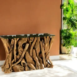 Arizona Consoles En Bois|Consoles En Bois|Console plateau en verre sur racine de teck