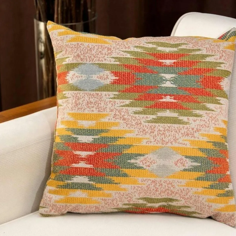 IZMIR Textile·Coussins|Coussin bohème multicolore – motif kilim, fond beige